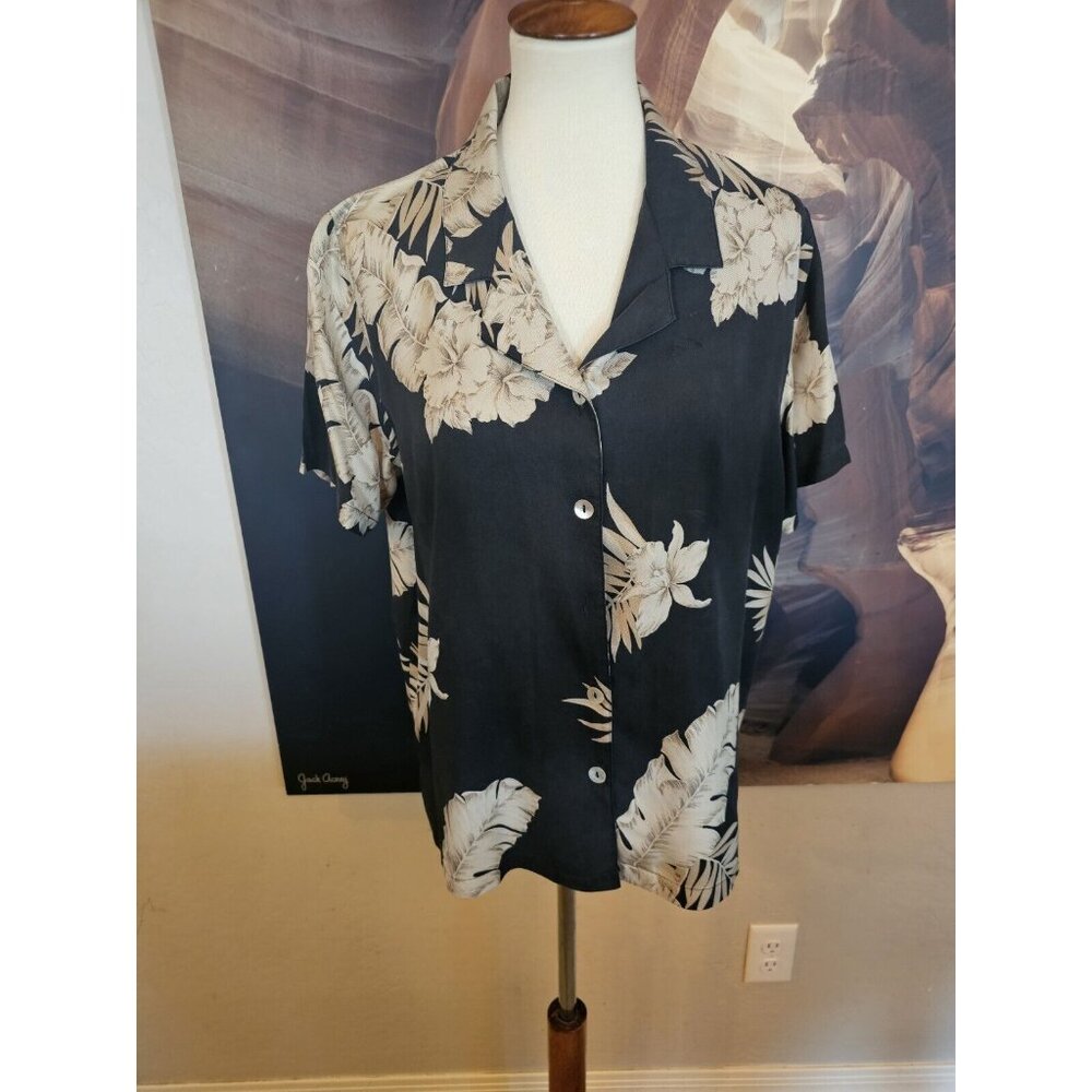Karen Arnold Black Hawaiian Shirt 100% Silk Short Sleeve Women's Large